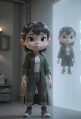 1girl,solo,looking at viewer,short hair,bangs,shirt,black hair,closed mouth,green eyes,standing,jacket,full body,white shirt,open clothes,shoes,belt,pants,indoors,medium hair,black footwear,blurry,black eyes,lips,coat,blurry background,stuffed toy,stuffed animal,sneakers,child,reflection,teddy bear,mirror,green jacket,female child,shirt tucked in,green coat,boots,shorts,chibi,denim