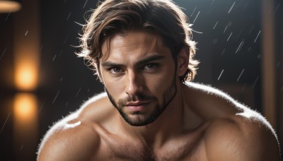 solo,looking at viewer,short hair,brown hair,black hair,1boy,brown eyes,closed mouth,collarbone,upper body,male focus,blurry,wet,muscular,blurry background,facial hair,thick eyebrows,pectorals,muscular male,portrait,bara,beard,rain,topless male,mature male,realistic,mustache,chest hair,arm hair,hairy,smile,nude,lips,scar,close-up,light