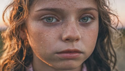 1girl,solo,long hair,looking at viewer,brown hair,brown eyes,closed mouth,green eyes,blurry,lips,eyelashes,depth of field,blurry background,expressionless,portrait,close-up,freckles,realistic,nose