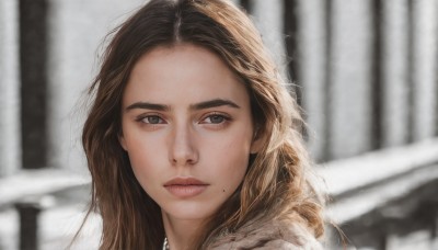 1girl,solo,long hair,looking at viewer,brown hair,closed mouth,mole,blurry,black eyes,lips,looking to the side,grey eyes,depth of field,blurry background,portrait,mole under mouth,snow,forehead,freckles,realistic,nose,brown eyes,jewelry,outdoors,necklace,expressionless,thick eyebrows,close-up,mole on cheek