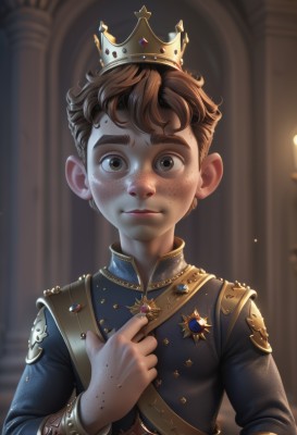 solo,looking at viewer,short hair,brown hair,long sleeves,1boy,brown eyes,jewelry,closed mouth,upper body,male focus,artist name,indoors,blurry,blurry background,thick eyebrows,crown,hand on own chest,gem,child,freckles,realistic,male child,dirty,dirty face,hand up,pillar