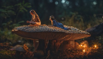 1girl,long hair,multiple girls,black hair,2girls,sitting,nude,outdoors,cape,blurry,from side,tree,profile,depth of field,blurry background,plant,nature,forest,fantasy,mushroom,breasts,brown hair,hair ornament,dress,jewelry,very long hair,closed eyes,lying,barefoot,dark skin,dark-skinned female,night,arm support,on side,grass,fire,realistic,dark,on ground