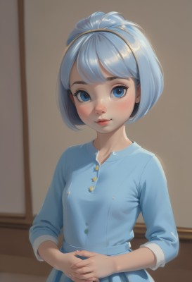 1girl,solo,breasts,looking at viewer,blush,smile,short hair,bangs,blue eyes,skirt,shirt,long sleeves,dress,closed mouth,blue hair,standing,upper body,hairband,small breasts,shiny,artist name,indoors,blurry,lips,blue skirt,eyelashes,buttons,blurry background,blue dress,bob cut,own hands together,blue shirt,freckles,nose,window,realistic,red lips