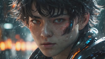 1girl,solo,looking at viewer,short hair,bangs,brown hair,black hair,1boy,brown eyes,closed mouth,male focus,artist name,signature,blurry,lips,wet,orange eyes,eyelashes,depth of field,blurry background,messy hair,portrait,close-up,freckles,science fiction,rain,realistic,nose,wet hair,dirty,bokeh,cyberpunk,dirty face,outdoors,blood,blood on face