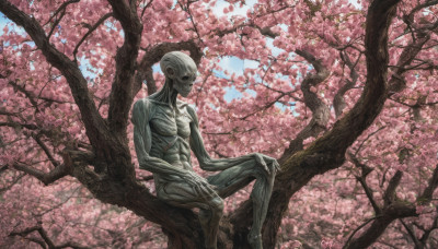 solo, 1boy, sitting, outdoors, sky, tree, no humans, cherry blossoms, hand on own knee, alien