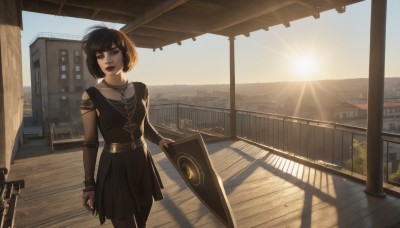 1girl,solo,looking at viewer,short hair,bangs,brown hair,black hair,dress,holding,brown eyes,jewelry,standing,weapon,cowboy shot,earrings,outdoors,parted lips,sky,day,belt,sword,necklace,black eyes,black dress,bracelet,lips,looking to the side,makeup,sunlight,bob cut,lipstick,building,scenery,backlighting,sunset,shield,city,railing,sun,red lips,bridge,breasts,pantyhose,small breasts,teeth,sleeveless,artist name,holding weapon,window,sleeveless dress,shadow,phone,cityscape,holding shield,balcony