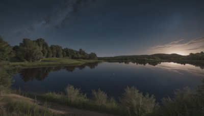 outdoors,sky,cloud,signature,water,tree,no humans,night,grass,star (sky),nature,night sky,scenery,forest,starry sky,reflection,river,landscape,lake,horizon