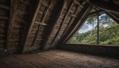 outdoors,sky,day,cloud,tree,blue sky,dutch angle,no humans,window,grass,plant,nature,scenery,forest,wooden floor,indoors,cloudy sky,mountain,ruins,landscape