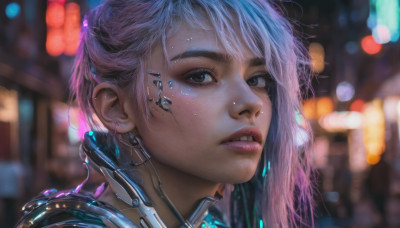 1girl, solo, looking at viewer, pink hair, multicolored hair, parted lips, teeth, blurry, lips, depth of field, blurry background, portrait, science fiction, realistic, nose, android, cable, cyborg, cyberpunk