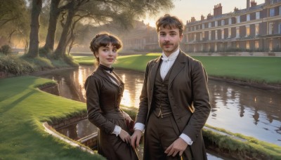 1girl,looking at viewer,smile,short hair,brown hair,shirt,black hair,long sleeves,1boy,bow,brown eyes,jewelry,standing,jacket,white shirt,outdoors,necktie,day,collared shirt,pants,bowtie,water,vest,tree,lips,black jacket,holding hands,facial hair,black pants,formal,suit,grass,building,scenery,reflection,realistic,mustache,bridge,river,lake,bangs,holding,braid,hetero,parted lips,black vest,city,red lips,brown vest