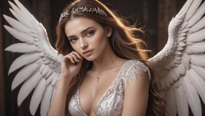 1girl,solo,long hair,breasts,looking at viewer,brown hair,dress,cleavage,brown eyes,jewelry,medium breasts,collarbone,upper body,earrings,parted lips,wings,necklace,white dress,blurry,lips,grey eyes,blurry background,tiara,feathered wings,angel wings,realistic,white wings,angel,hand up,nail polish,fingernails,wavy hair,crown,pendant,nose