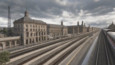 outdoors,sky,day,cloud,tree,blue sky,no humans,cloudy sky,ground vehicle,building,scenery,stairs,city,railing,road,bridge,tower,railroad tracks,architecture,grey sky,arch