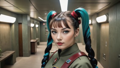 1girl,solo,long hair,looking at viewer,bangs,black hair,twintails,jewelry,blue hair,upper body,braid,multicolored hair,earrings,artist name,indoors,uniform,black eyes,twin braids,two-tone hair,lips,grey eyes,military,aqua hair,military uniform,gradient hair,makeup,plant,lipstick,realistic,nose,red lips,brown hair,hair ornament,brown eyes,closed mouth,blurry,blurry background,portrait