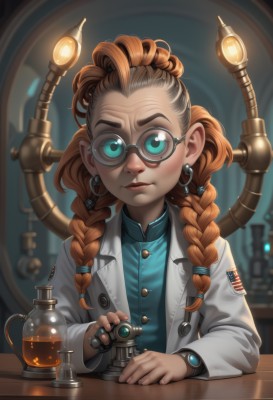 1girl,solo,long hair,looking at viewer,blue eyes,brown hair,shirt,jewelry,upper body,braid,earrings,glasses,artist name,indoors,orange hair,blurry,twin braids,aqua eyes,lips,coat,thick eyebrows,web address,forehead,freckles,watch,realistic,hair tie,round eyewear,labcoat,union jack,long sleeves,closed mouth,open clothes,buttons,blurry background,watermark,table,blue shirt,nose,green shirt,aqua shirt