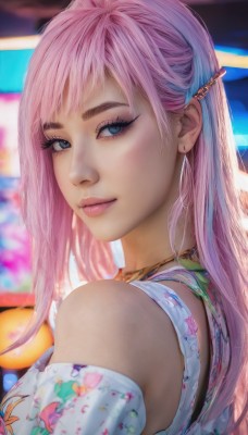 1girl,solo,long hair,looking at viewer,smile,bangs,blue eyes,shirt,hair ornament,bare shoulders,jewelry,closed mouth,upper body,pink hair,multicolored hair,hairclip,artist name,necklace,blurry,from side,two-tone hair,lips,looking to the side,eyelashes,makeup,blurry background,piercing,portrait,eyeshadow,pink lips,realistic,nose,eyeliner,mascara,white shirt,earrings,detached sleeves,looking back,ear piercing,hair behind ear