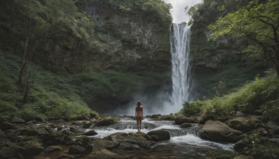 1girl, solo, long hair, black hair, nude, outdoors, water, from behind, tree, nature, scenery, forest, waterfall