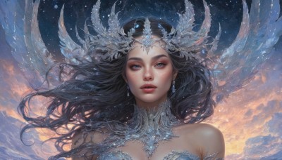 1girl,solo,long hair,breasts,looking at viewer,blue eyes,black hair,hair ornament,cleavage,bare shoulders,jewelry,upper body,earrings,outdoors,parted lips,wings,sky,artist name,cloud,lips,detached collar,floating hair,watermark,cloudy sky,tiara,wind,portrait,star (sky),feathered wings,starry sky,realistic,medium breasts,makeup,feathers,freckles,nose