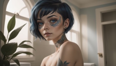 1girl,solo,looking at viewer,short hair,bangs,blue eyes,black hair,bare shoulders,jewelry,blue hair,upper body,nude,earrings,parted lips,teeth,choker,indoors,blurry,lips,eyelashes,window,tattoo,makeup,blurry background,facial mark,piercing,plant,portrait,freckles,nose,stud earrings,arm tattoo,facial tattoo,mascara,neck tattoo,nose piercing,breasts,ear piercing