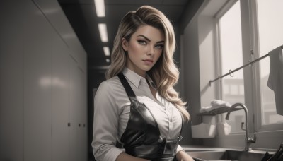 1girl,solo,long hair,breasts,looking at viewer,blonde hair,brown hair,shirt,long sleeves,brown eyes,medium breasts,closed mouth,white shirt,upper body,collared shirt,indoors,vest,lips,grey eyes,window,dress shirt,makeup,buttons,sunlight,sleeves rolled up,mirror,realistic,nose,overalls,bathroom,kitchen,sink,laundry,large breasts,holding,day,blurry,blurry background,wavy hair,thick eyebrows,eyeshadow,!,asymmetrical hair,tiles,office lady,clothes hanger,faucet