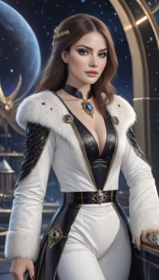 1girl,solo,long hair,breasts,looking at viewer,large breasts,brown hair,hair ornament,long sleeves,cleavage,brown eyes,jewelry,medium breasts,standing,collarbone,jacket,cowboy shot,earrings,open clothes,choker,belt,pants,necklace,nail polish,lips,coat,fur trim,makeup,gem,star (sky),realistic,white pants,nose,white coat,red lips,space,planet,earth (planet),artist name,blurry,blurry background,black choker