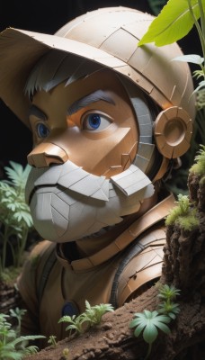 solo,blue eyes,1boy,hat,closed mouth,upper body,flower,grey hair,male focus,outdoors,armor,facial hair,leaf,thick eyebrows,helmet,plant,portrait,beard,science fiction,realistic,mustache,animification,cyborg,tree,grass,nature,bandaid