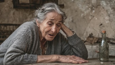 1girl,solo,open mouth,shirt,1boy,closed eyes,upper body,white hair,grey hair,male focus,indoors,blurry,sweater,blurry background,facial hair,table,bottle,alcohol,head rest,realistic,old,old man,sake bottle,fine art parody,old woman,wrinkled skin,smile,short hair,long sleeves,jewelry,parted lips,necklace