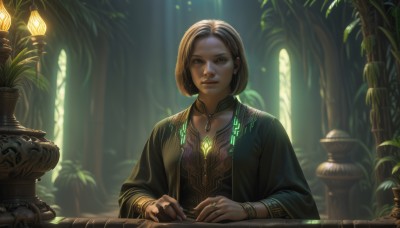 1girl,solo,looking at viewer,smile,short hair,brown hair,long sleeves,brown eyes,jewelry,closed mouth,upper body,indoors,dark skin,wide sleeves,necklace,blurry,bracelet,dark-skinned female,lips,blurry background,table,sunlight,ring,plant,gem,nature,forest,backlighting,robe,realistic,sitting,earrings,artist name,watermark,lamp