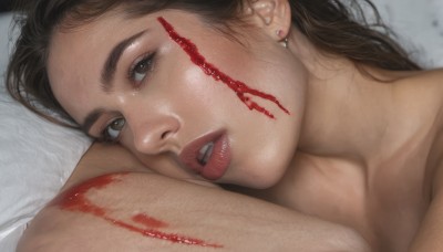 1girl,solo,long hair,looking at viewer,brown hair,black hair,brown eyes,jewelry,collarbone,nude,earrings,lying,parted lips,teeth,lips,pillow,blood,on side,portrait,close-up,blood on face,realistic,nose,red lips,facepaint,open mouth,eyelashes,piercing,ear piercing,lipstick mark