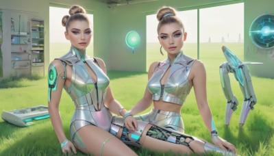 breasts,looking at viewer,smile,short hair,blue eyes,multiple girls,brown hair,2girls,cleavage,jewelry,medium breasts,sitting,weapon,sleeveless,dark skin,hair bun,bracelet,dark-skinned female,see-through,gun,clothing cutout,makeup,wariza,single hair bun,grass,robot,eyeshadow,science fiction,cyborg,cyberpunk,mechanical parts,mechanical legs,drone,hologram,navel,small breasts,midriff,official alternate costume,crop top,realistic,cable