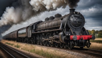 1boy,weapon,outdoors,sky,day,cloud,tree,military,no humans,cloudy sky,grass,ground vehicle,motor vehicle,smoke,cannon,military vehicle,tank,vehicle focus,machine gun,caterpillar tracks,world war ii,railroad tracks,train