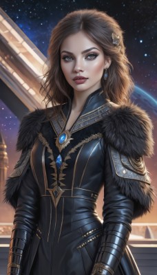 1girl,solo,long hair,breasts,looking at viewer,blue eyes,brown hair,hair ornament,long sleeves,dress,brown eyes,jewelry,standing,earrings,parted lips,sky,artist name,armor,black dress,lips,grey eyes,fur trim,makeup,night,watermark,lipstick,gauntlets,gem,star (sky),night sky,web address,starry sky,realistic,nose,red lips,space,upper body,eyeshadow,planet