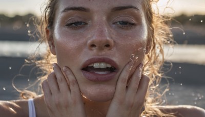 1girl,solo,looking at viewer,open mouth,blue eyes,blonde hair,brown hair,teeth,tongue,mole,blurry,lips,eyelashes,depth of field,blurry background,upper teeth only,half-closed eyes,portrait,close-up,freckles,bubble,underwater,realistic,air bubble,hands on own face,hands on own cheeks,mole on cheek,short hair,brown eyes,artist name,hands up