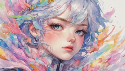 1girl,solo,long hair,looking at viewer,blush,short hair,bangs,blue eyes,hair ornament,jewelry,flower,white hair,grey hair,earrings,parted lips,hair flower,lips,eyelashes,makeup,feathers,portrait,close-up,red lips,blue hair,realistic,nose,painting (medium)