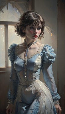 1girl,solo,breasts,blush,short hair,bangs,blue eyes,brown hair,black hair,hair ornament,long sleeves,dress,jewelry,medium breasts,standing,collarbone,cowboy shot,earrings,frills,parted lips,choker,puffy sleeves,artist name,indoors,necklace,black eyes,lips,looking to the side,window,makeup,blue dress,looking away,sunlight,lipstick,juliet sleeves,gem,puffy long sleeves,realistic,nose,arms at sides,red lips,looking afar,closed mouth,small breasts,nail polish,white dress,fingernails,eyelashes,backlighting,curly hair,sidelighting