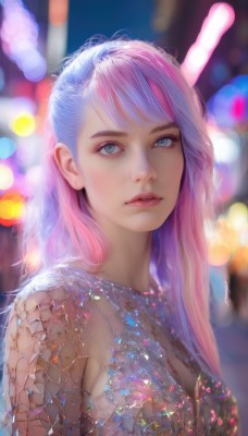 1girl,solo,long hair,breasts,looking at viewer,bangs,blue eyes,medium breasts,blue hair,upper body,pink hair,multicolored hair,parted lips,blurry,from side,two-tone hair,lips,makeup,depth of field,blurry background,fishnets,realistic,nose,bokeh,dress,outdoors,teeth,artist name,see-through,grey eyes,eyelashes,night,watermark,gem,eyeshadow,pink lips,mascara