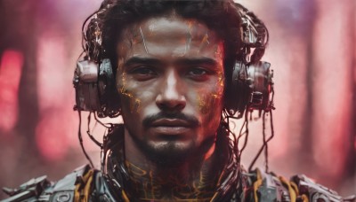 solo,looking at viewer,black hair,1boy,male focus,dark skin,blurry,black eyes,blurry background,facial hair,headphones,portrait,beard,science fiction,realistic,mustache,cable,straight-on,cyborg,cyberpunk,brown eyes,closed mouth,armor,headset