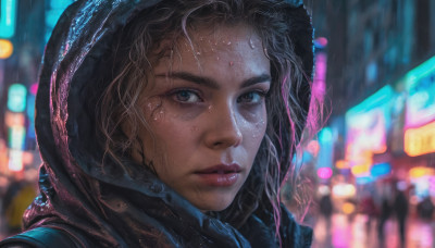 1girl, solo, looking at viewer, black hair, hood, blurry, lips, wet, blurry background, portrait, hood up, rain, realistic, nose, wet hair, cyberpunk