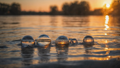 outdoors, sky, water, blurry, no humans, depth of field, scenery, reflection, sunset