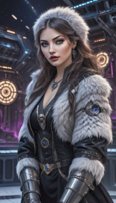 1girl,solo,long hair,breasts,looking at viewer,brown hair,dress,cleavage,brown eyes,jewelry,medium breasts,earrings,parted lips,hood,necklace,armor,black dress,lips,coat,fur trim,makeup,night,lipstick,gauntlets,gem,pendant,eyeshadow,realistic,nose,red lips,gloves,upper body,belt