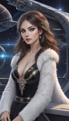 1girl,solo,long hair,breasts,looking at viewer,large breasts,brown hair,hair ornament,long sleeves,dress,cleavage,brown eyes,jewelry,medium breasts,collarbone,earrings,sky,artist name,signature,star (symbol),black dress,lips,grey eyes,fur trim,makeup,watermark,lipstick,gem,star (sky),starry sky,science fiction,realistic,nose,red lips,space,planet,spacecraft,feather boa,upper body