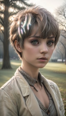 1girl,solo,looking at viewer,short hair,bangs,blonde hair,brown hair,shirt,jewelry,green eyes,jacket,upper body,outdoors,parted lips,day,artist name,necklace,mole,blurry,tree,lips,grey eyes,eyelashes,mole under eye,depth of field,blurry background,watermark,web address,freckles,realistic,nose,very short hair,breasts,black hair,cleavage,small breasts,open clothes,sunlight