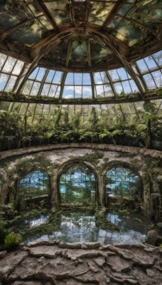 outdoors,sky,day,cloud,indoors,water,tree,blue sky,no humans,window,sunlight,grass,plant,building,nature,scenery,stairs,fantasy,ruins,vines,bridge,pillar,arch,moss,overgrown,broken window,artist name,signature,rock