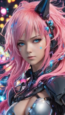 1girl,solo,long hair,breasts,looking at viewer,bangs,blue eyes,large breasts,cleavage,medium breasts,closed mouth,upper body,pink hair,artist name,blurry,lips,clothing cutout,eyelashes,bodysuit,makeup,headgear,cleavage cutout,freckles,science fiction,realistic,nose,hair ornament,armor,headphones,facial mark,expressionless,portrait,bokeh,cyberpunk