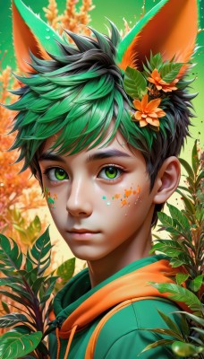 solo,looking at viewer,short hair,bangs,hair ornament,1boy,animal ears,closed mouth,green eyes,upper body,flower,male focus,multicolored hair,green hair,artist name,hair flower,hood,rabbit ears,blurry,from side,lips,fox ears,eyelashes,hoodie,makeup,depth of field,leaf,watermark,facial mark,hood down,plant,portrait,extra ears,androgynous,freckles,realistic,nose,facepaint,black hair,two-tone hair,tree,web address,drawstring,paint splatter,green hoodie