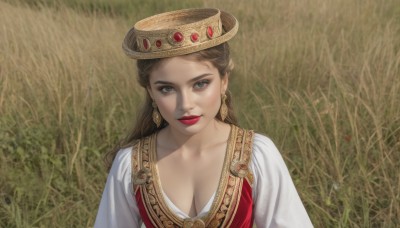 1girl,solo,long hair,breasts,looking at viewer,large breasts,brown hair,long sleeves,hat,dress,cleavage,brown eyes,jewelry,medium breasts,closed mouth,collarbone,upper body,earrings,outdoors,day,black eyes,lips,grey eyes,makeup,red dress,grass,crown,lipstick,gem,realistic,red lips,blue eyes,braid