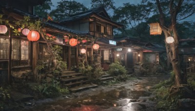 flower,outdoors,sky,water,tree,no humans,window,night,grass,plant,building,nature,night sky,scenery,forest,lantern,rock,stairs,road,bush,architecture,house,east asian architecture,paper lantern,path,stone,pavement,stone stairs,door,potted plant,lamp