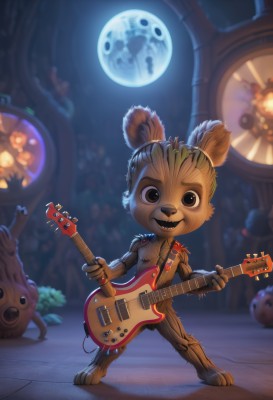 solo,looking at viewer,smile,open mouth,1boy,holding,animal ears,brown eyes,standing,full body,male focus,teeth,artist name,indoors,blurry,black eyes,tree,night,blurry background,moon,instrument,furry,full moon,music,guitar,furry male,playing instrument,holding instrument,electric guitar,brown fur,plectrum,buck teeth,jewelry,sky,necklace,window,fangs,night sky