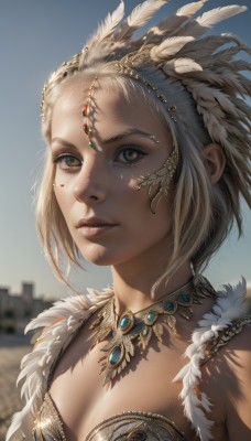 1girl,solo,breasts,looking at viewer,short hair,hair ornament,cleavage,brown eyes,jewelry,upper body,white hair,small breasts,outdoors,parted lips,sky,day,necklace,blurry,lips,eyelashes,blurry background,feathers,gem,portrait,circlet,realistic,nose,headdress,feather hair ornament,blonde hair,medium breasts,yellow eyes,facial mark,tribal