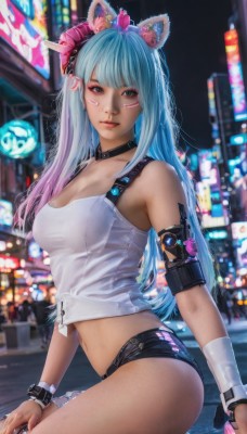 1girl,solo,long hair,breasts,looking at viewer,smile,bangs,blue eyes,hair ornament,navel,animal ears,cleavage,bare shoulders,medium breasts,sitting,closed mouth,blue hair,pink hair,thighs,multicolored hair,outdoors,shorts,choker,midriff,blurry,collar,two-tone hair,lips,crop top,animal ear fluff,fox ears,short shorts,gradient hair,makeup,blurry background,facial mark,black shorts,tank top,ground vehicle,wristband,city,realistic,light blue hair,cyberpunk,shirt,parted lips,shiny,artist name,shiny skin,night,fake animal ears,watermark,web address,white tank top,neon lights