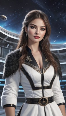 1girl,solo,long hair,breasts,looking at viewer,brown hair,dress,cleavage,brown eyes,jewelry,medium breasts,upper body,earrings,sky,belt,lips,coat,fur trim,makeup,night,lipstick,star (sky),night sky,eyeshadow,starry sky,hoop earrings,realistic,nose,white coat,red lips,space,spacecraft,large breasts,artist name,white dress,forehead,black belt